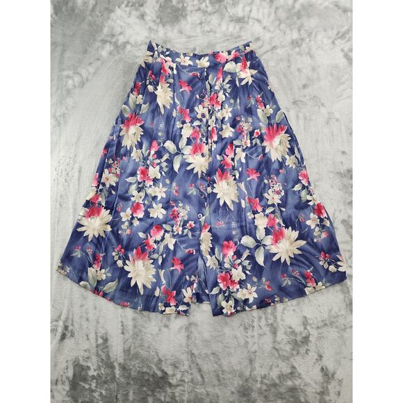 Vintage 90s Floral Crepe Pull On Pleated Button Front Midi Skirt M Purple Pink - Picture 1 of 6